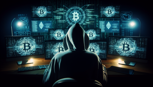 A shadowy figure in a hoodie sitting in front of multiple computer screens filled with code and blockchain transactions, with a background hinting at digital currency symbols like Bitcoin and Ethereum, capturing the essence of cryptocurrency fraud.