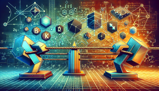 An image showcasing a digital tug-of-war between different blockchain companies over the term 'ZK,' with cryptographic symbols and Ethereum logos in the background.