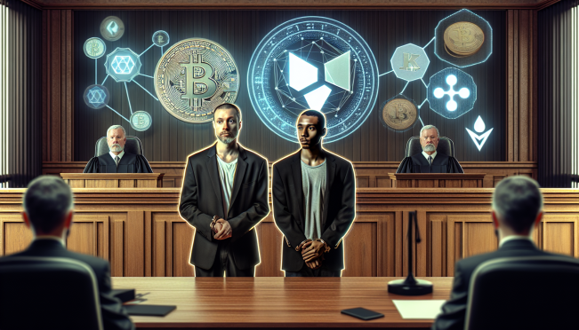 Two men in a courtroom setting facing cybercrime charges, with digital elements such as XRP coins and blockchain symbols in the background, highlighting the theme of cryptocurrency theft and legal action.