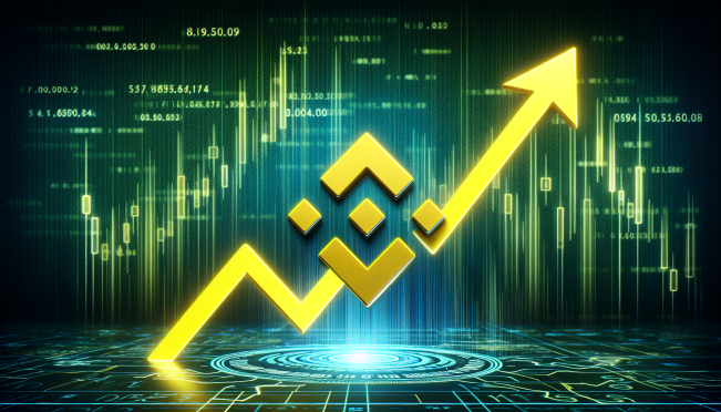 Binance Coin logo with upward trend line on a digital background