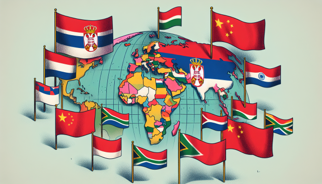 A map of Serbia highlighted, with flags of BRICS countries in the background, symbolizing Serbia's potential membership and the geopolitical shift it represents.