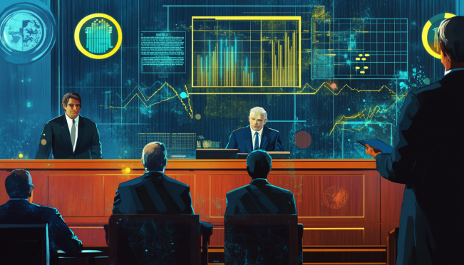 A courtroom scene with judges questioning lawyers, a backdrop featuring symbols of justice, election ballots, and financial market graphs, highlighting the tension and stakes of the hearing on political betting markets.