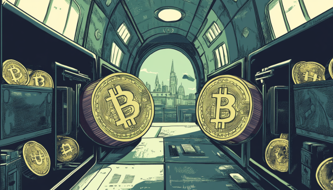 A digital illustration of 10,000 Bitcoin being transferred between two wallets, with a background hinting at government involvement and the Silk Road raid. The image should reflect the significant value and high-profile nature of the transfer, capturing elements of both security and speculation.