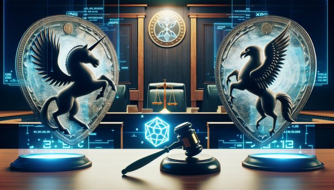 A courtroom battle scene with Uniswap and SEC logos, a gavel, and a backdrop featuring blockchain elements and digital tokens like UNI and XRP.