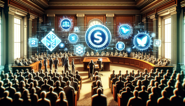 A dramatic courtroom scene with a digital NFT symbol and SEC emblem clashing, surrounded by figures representing lawmakers, industry leaders, and market experts in intense discussion, highlighting the themes of regulation, innovation, and legal battle.