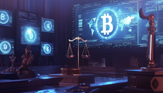 A courtroom scene with digital screens displaying cryptocurrency symbols, surrounded by symbols of justice like scales and gavels.