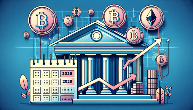 A visually compelling image depicting South Korean financial institutions, with elements of cryptocurrency symbols like Bitcoin and Ethereum, and a calendar showing a delay to 2028. Include a graph indicating growth in crypto users and trading volume.