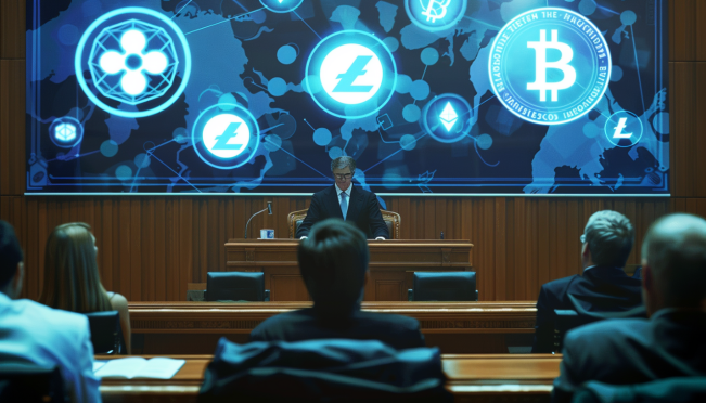 A courtroom scene with a judge, lawyers, and a backdrop featuring digital currency symbols, especially XRP. The image should convey the tension and importance of a legal battle over cryptocurrency regulations.