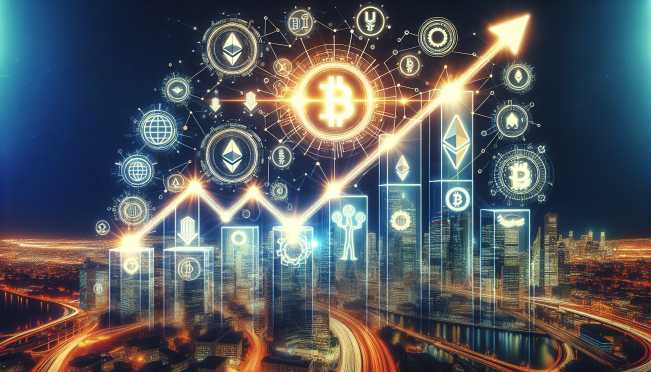 A vibrant and dynamic image showcasing a graph with an upward trend, surrounded by symbols of cryptocurrency like Bitcoin and Ethereum, as well as icons representing infrastructure and DeFi projects. The background should have a futuristic cityscape to symbolize growth and innovation in the crypto sector.