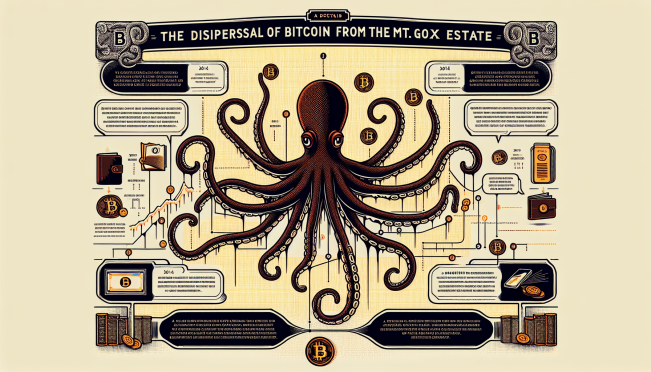 A detailed image depicting the distribution of Bitcoin and Bitcoin Cash from the Mt. Gox estate, featuring Kraken's logo, a timeline from the 2014 hack to the present day, and a visual representation of digital wallets and blockchain transactions.