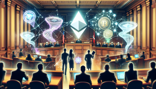 A courtroom with a digital theme, featuring Ethereum symbols and Tornado Cash logos, emphasizing the intersection of law and cryptocurrency.