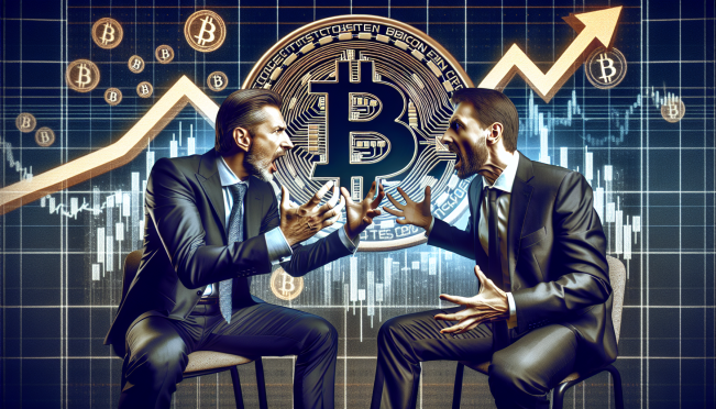 A dynamic visual of Anthony Scaramucci and Michael Saylor discussing Bitcoin, with a backdrop featuring the Bitcoin logo and a rising stock chart to symbolize MicroStrategy's resurgence.