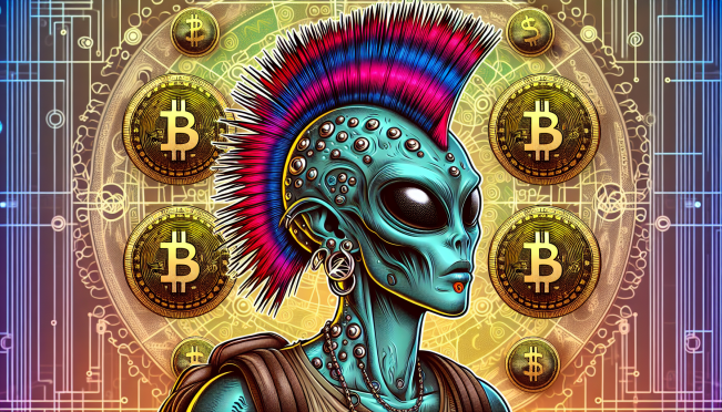 A digital illustration of an Alien Punk CryptoPunk in front of a backdrop of Ethereum coins and dollar signs, symbolizing the $16 million sale of Punk #7804.