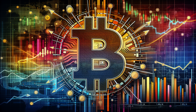 A dramatic illustration showing a large Bitcoin symbol with arrows indicating transfers, set against a backdrop of fluctuating market graphs and blockchain nodes.