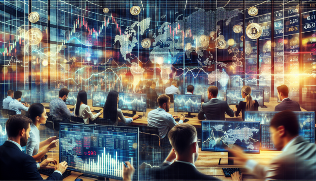 A bustling trading floor with digital screens showing Bitcoin prices, Wall Street investors analyzing charts, and the CME Group logo prominently displayed. The atmosphere should be dynamic, capturing the intersection of traditional finance and cryptocurrency.