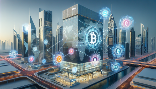 a modern office building in Dubai with the Chainalysis logo, digital currencies symbols floating around, and a map highlighting Southern Europe, Middle East, Central Asia, and Africa