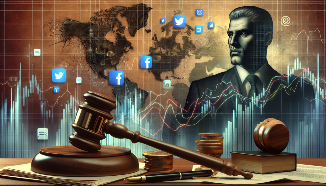 A courtroom scene with a gavel and legal documents, juxtaposed with a fluctuating stock market graph and social media icons representing The Truth Social, with an imposing figure of Donald Trump in the background.