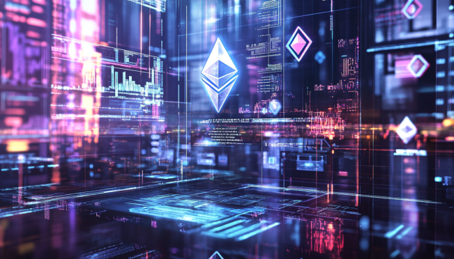 A dynamic image showcasing the logos of BlackRock and Nasdaq, intertwined with the Ethereum logo, depicting a futuristic trading floor with digital assets and options trading interfaces.