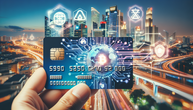 A futuristic debit card with MetaMask and Mastercard logos, being used in a vibrant European city setting. Background includes digital wallets and blockchain elements, symbolizing the merging of traditional finance and DeFi.