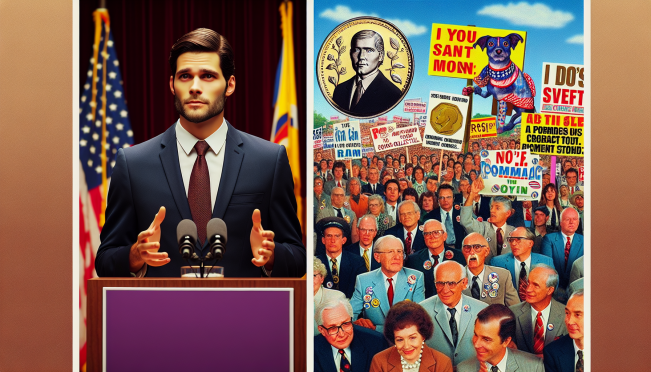 A split image showing Brad Garlinghouse speaking at a conference on one side and a vibrant Dogecoin community rally on the other, highlighting the contrast between skepticism and loyalty.