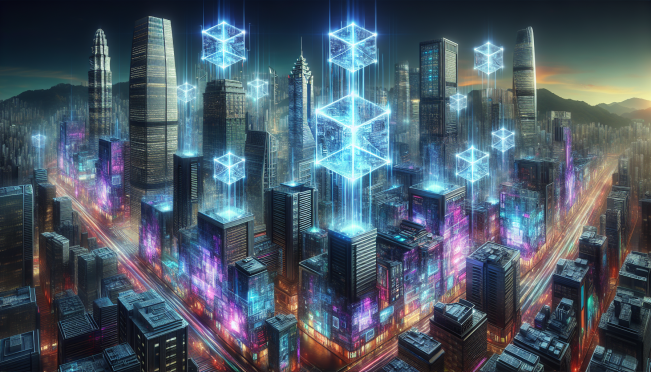 futuristic cityscape with digital art and blockchain symbols