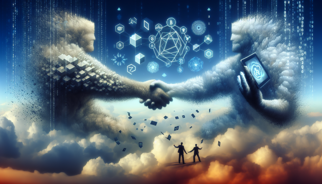 An abstract representation of two giants, Polyhedra and Google Cloud, shaking hands in the cloud, with digital and cryptographic elements symbolizing zero-knowledge proofs swirling around them.