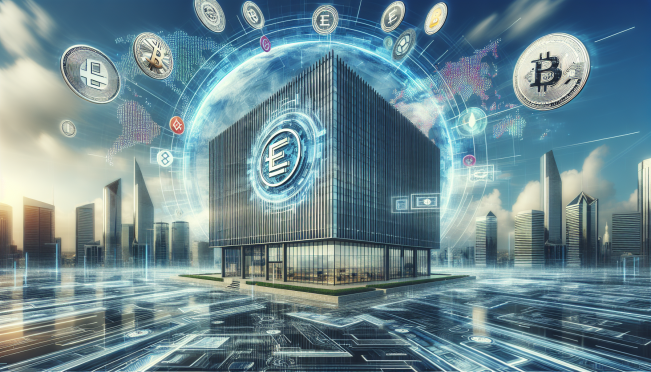 An image of a modern, futuristic office building with a Binance logo on it, situated in a digital landscape representing multiple world jurisdictions and cryptocurrencies floating around, implying a global presence and the search for a headquarters.