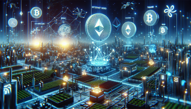 A futuristic depiction of digital farming, with symbols of Ethereum and Binance interwoven, highlighting the synthetic dollar concept and the innovative 'Internet Bond'. Include visual elements representing staking, yield, and a vibrant digital ecosystem.