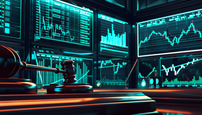 A courtroom with a gavel and digital screens displaying cryptocurrency charts, symbolizing the legal battles faced by cryptocurrency exchanges and their founders