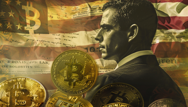 A digital artwork depicting Roger Ver with a halo of Bitcoins against a backdrop of legal documents and the flags of the U.S. and Spain, highlighting the contrast between his cryptocurrency advocacy and legal challenges.