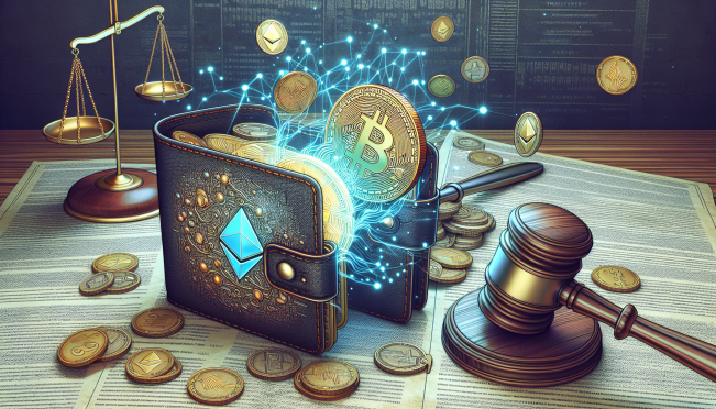 A digital illustration of two interconnected wallets transferring digital gold and Ether coins against a backdrop of legal documents and a gavel, symbolizing the complexity and intrigue of the FTX bankruptcy proceedings