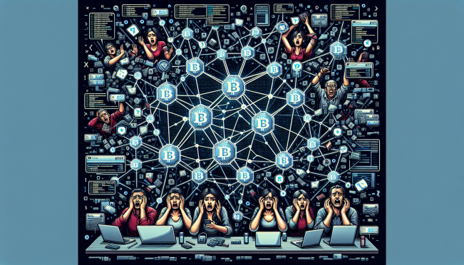 Show a digital image of a blockchain network experiencing glitches, with concerned users trying to access their crypto wallets. Include elements of blockchain technology and coding errors to represent the system bugs.