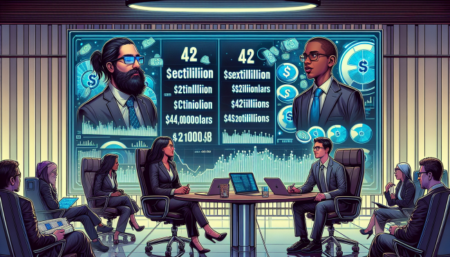 An exaggerated depiction of a tech company's value chart, with humorously inflated numbers like '42 sextillionnollars' and '42 octillionnollars,' contrasting with serious expressions of tech employees and executives discussing policies.