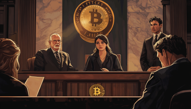 A courtroom scene with Caroline Ellison and Judge Lewis Kaplan, highlighting the tension and gravity of the sentencing. A backdrop featuring symbols of FTX, cryptocurrency, and legal justice.