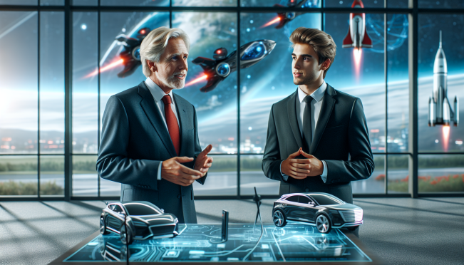 Donald Trump and Elon Musk in a futuristic government office setting, discussing technology and electric vehicles, with a background showing Tesla cars and SpaceX rockets.