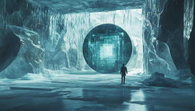 A digital representation of classic Polish artworks stored in an Arctic vault, with elements of blockchain and technology, set against a backdrop of icy landscapes and modern digital interfaces.