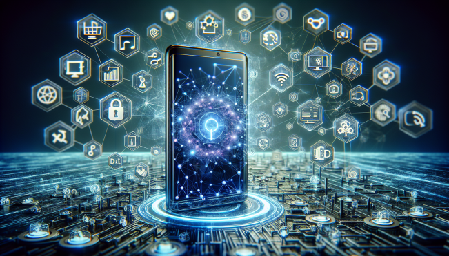 A sleek smartphone with a futuristic design, surrounded by digital icons representing DeFi, social networks, gaming, and AI, set against a backdrop of a decentralized digital network.