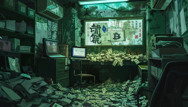 A dramatic police raid scene in a Hong Kong office, with piles of fake banknotes and digital screens showing cryptocurrency symbols, capturing the tension and urgency of the operation.