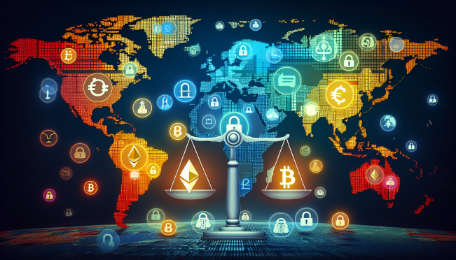 An image showcasing a global map with various countries highlighted, indicating the level of regulatory compliance regarding cryptocurrency, interspersed with symbols of legal scales, cryptocurrency logos, and digital security icons to represent the global effort in regulating the crypto sector.