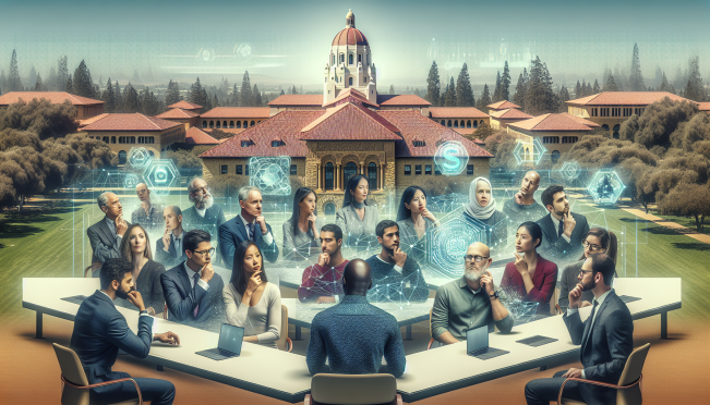 A bustling summit at Stanford University with thought leaders discussing AI and Web3 technologies, featuring a blend of futuristic elements like holographic displays and blockchain symbols, set against the iconic backdrop of Stanford's campus.