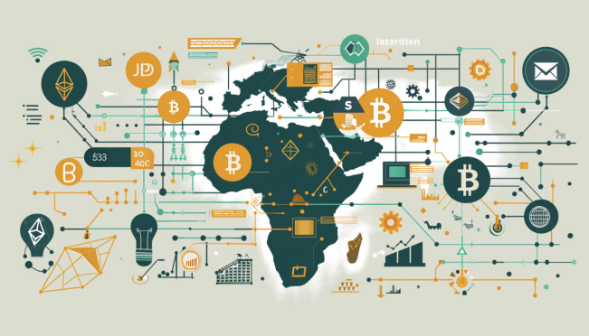 A graphic illustration showing a map of South Africa with icons representing cryptocurrency, licenses, and the text 'FSCA Crypto Licensing'. Include symbols for various crypto services such as trading, advice, and investment management, highlighting the regulatory advancement in the crypto space.