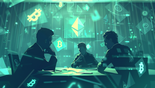 A digital illustration showing two business persons in a conference room having a disagreement with cryptocurrency symbols like Bitcoin and Ethereum in the background. The mood is tense, with compliance documents and checkmarks symbolizing KYC and AML requirements.