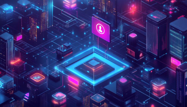 A dynamic scene depicting a leadership transition within a tech company, with blockchain elements, token icons, and a backdrop of technological growth and challenges.