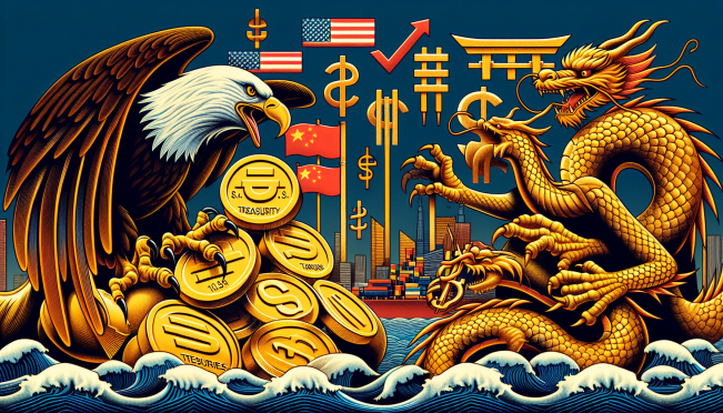 An image depicting the economic tension between China and the United States, with symbolic elements like U.S. Treasuries, Chinese gold reserves, and tariff symbols.