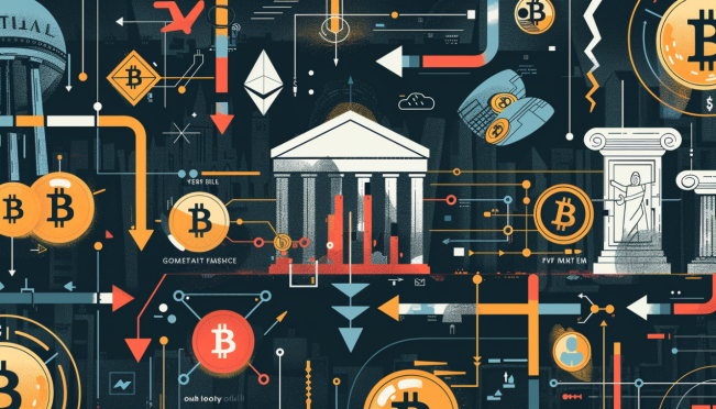 A visual representation of bitcoin funds with arrows indicating outflows, surrounded by symbols of major investing firms like Fidelity, Grayscale, Ark Invest, and Bitwise. The image should have a somber color palette to reflect the cooling interest in cryptocurrency investments.