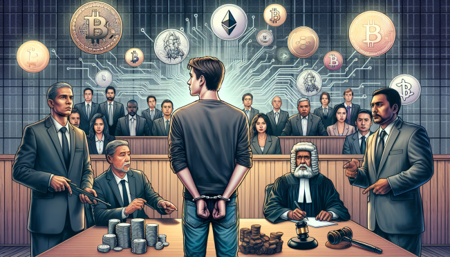 A dramatic courtroom scene with a young man being convicted for crypto crimes, showcasing a blend of traditional crime elements (like handcuffs and zip ties) with digital elements (like cryptocurrency symbols and a blockchain background).