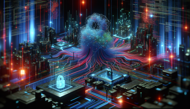 A futuristic digital scene depicting the battle between AI and cybersecurity, with code snippets and digital locks, highlighting the tension and complexity of AI-driven cyber threats.