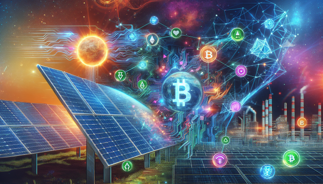 A dynamic and vibrant illustration featuring elements of solar panels, digital AI networks, and cryptocurrency symbols, highlighting the innovative merge of renewable energy and technology by SolarAI.