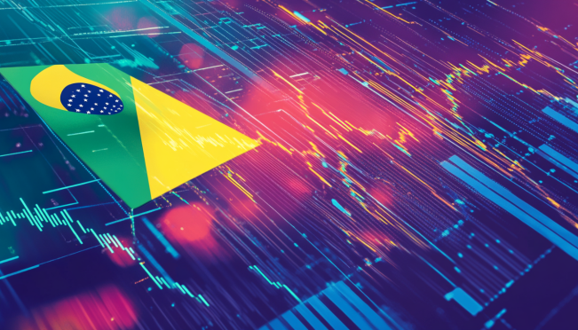 A vibrant illustration of Solana's logo with a rising arrow, symbolizing its price surge. Background elements include a digital stock market chart and the Brazilian flag, representing the ETF approval.