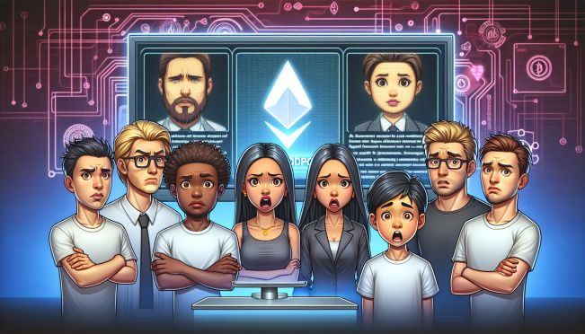 A digital illustration of a diverse group of animated characters representing the Eigenlayer community, some looking confused and others upset, standing in front of a large, glowing screen displaying the Eigenlayer logo and the words 'Airdrop Announcement'. The background is filled with abstract digital and blockchain motifs.